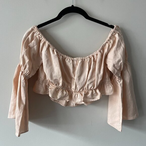 LPA Off The Shoulder Pullover Long Bell Sleeve Casual Cropped Top Cream Medium - Picture 3 of 7